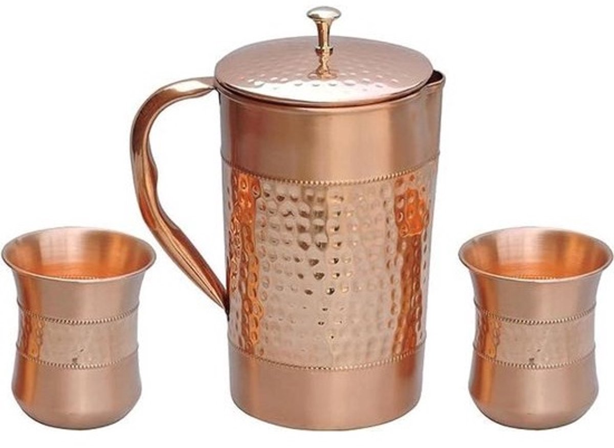 Koperen Kan Met Bekers - Waterkan Koperen Set - Ayurvedisch Water Drinken - Gehamerd & Effen Patroon
