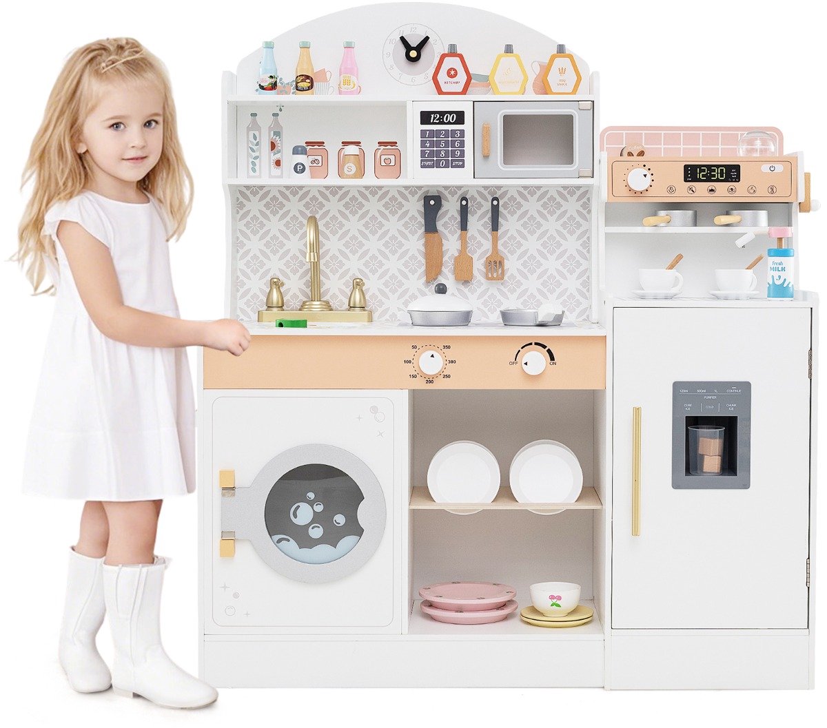 SureDeal® - Rollenspell - Kinderkeukenset Houten Keuken - Klok Magnetron Gootsteen - Koffiezetapparaat Keukenspeelgoed - 106x30x105 cm - Wit