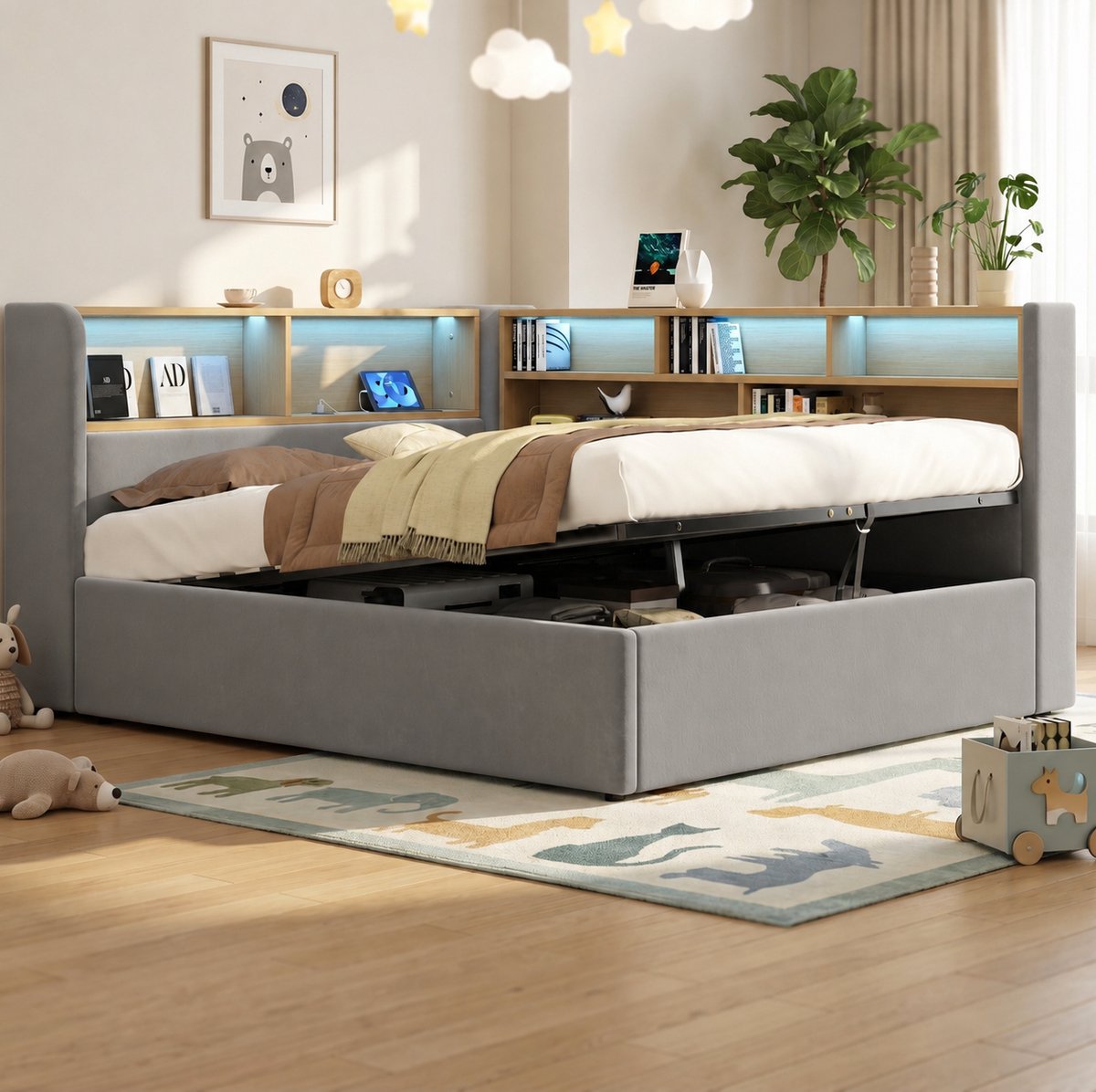 STILVORA Bedbank 140x190cm – Hydraulisch Opbergbed Met Led Verlichting En Usb En Type C Oplaadfunctie – Opbergruimte Onder Het Bed – Kinderkamer – Fluweel – Grijs Zonder Matras