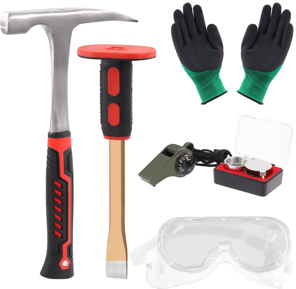 Geologie Steenhamer en Beitel Set - Met 850 gram Hamer, 30,5 cm Beitel, Pijp, Veiligheidsbril, Juweliersloep en Handschoenen - Voor Geologie, Steenverzamelen en Rotsbreken