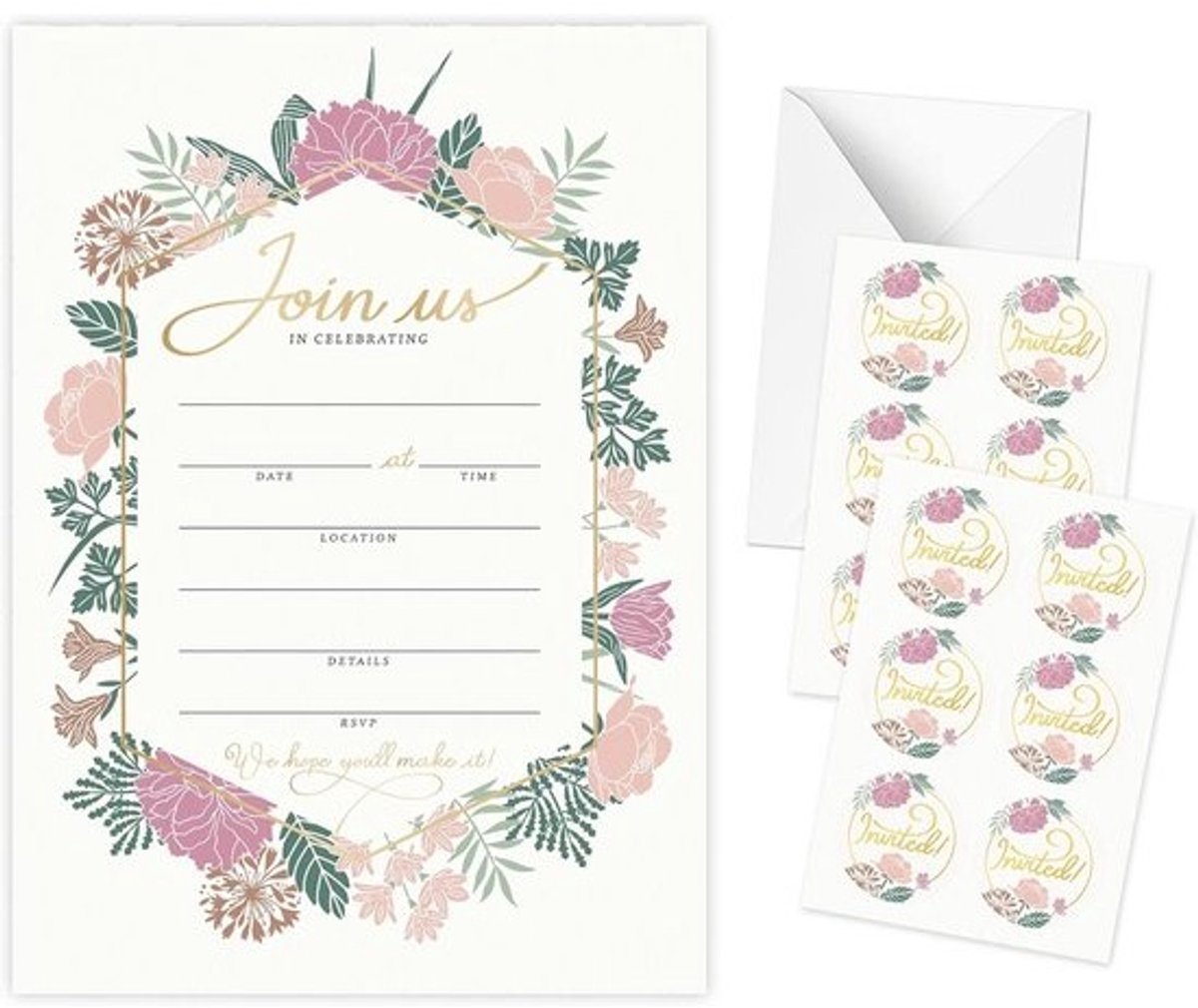 50 Luxe Bloemen Uitnodigingskaarten met Enveloppen en Stickers voor Bruiloft, Jubileum of Babyshower
