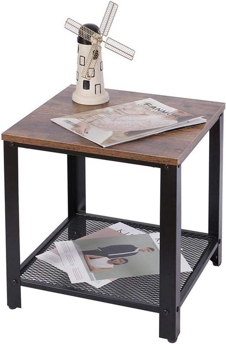 Vierkante Salontafel Industrieel met Metalen Frame en Onderste Plank - Donker Hout