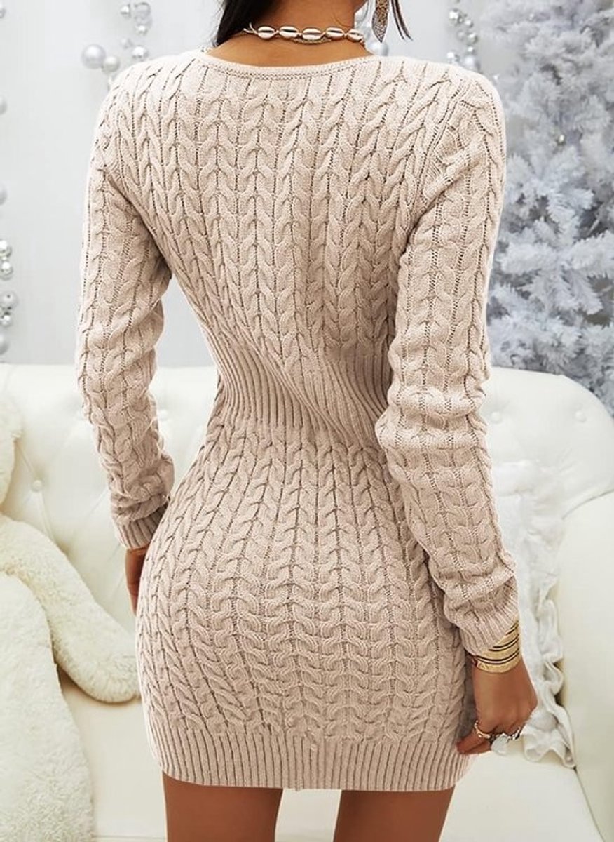 Dames gebreide trui-jurk met V-hals en ritssluiting - Elegante herfst- en winterjurk