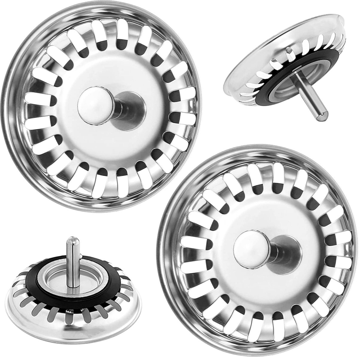 2x Zeefkorf Afvoerstop - Roestvrij staal - Met stopperfunctie - Voor keuken spoelbak en wastafel - Zilver - Ø 78 mm
