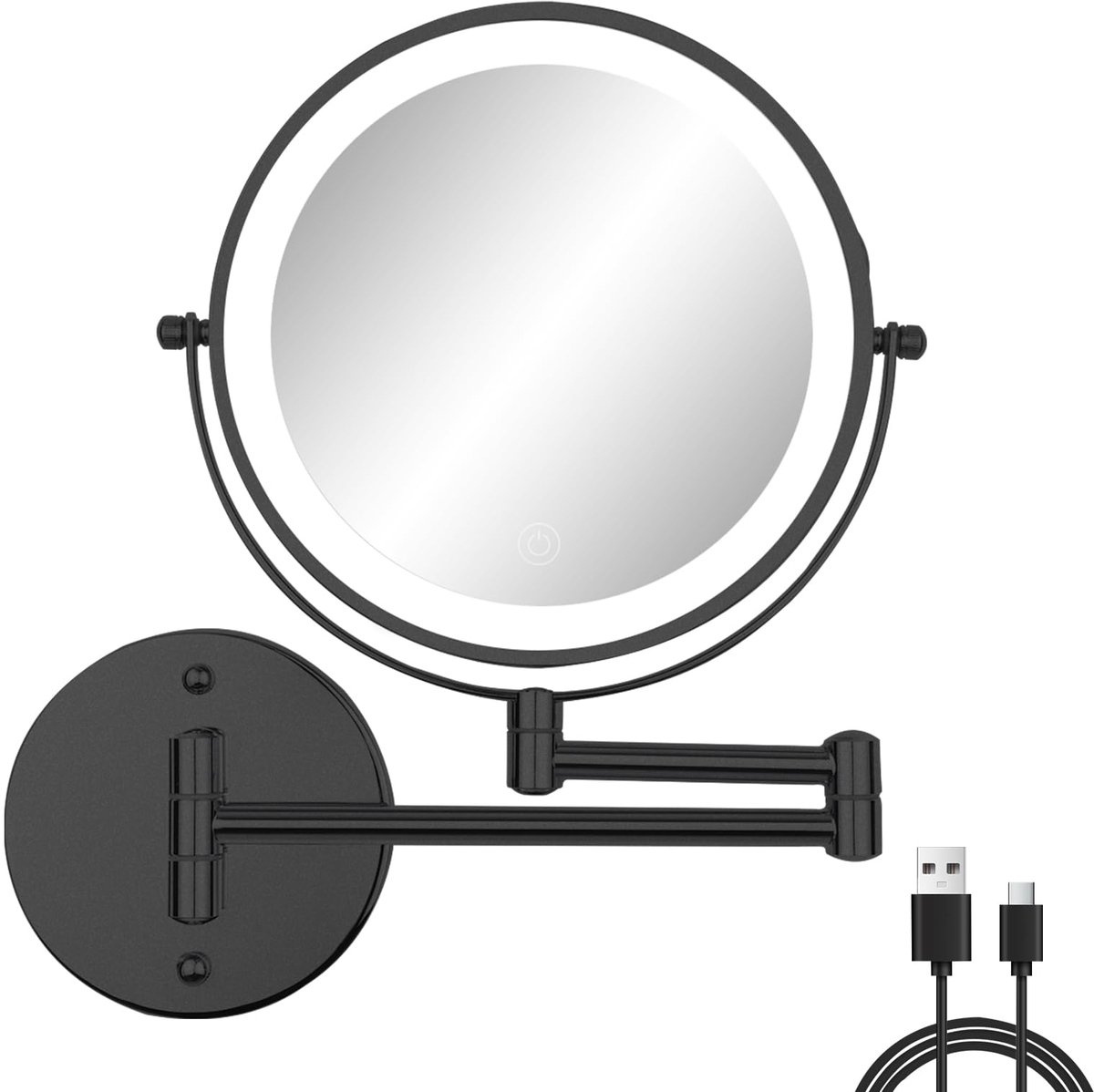 Oplaadbare Kosmetikspiegel Wandmontage - Met 1X/10X Vergroting, 3 Kleurmodi Touchscreen Verlichting, 360° Draaibaar en Opvouwbaar - Voor Badkamer - Zwart - 8 inch