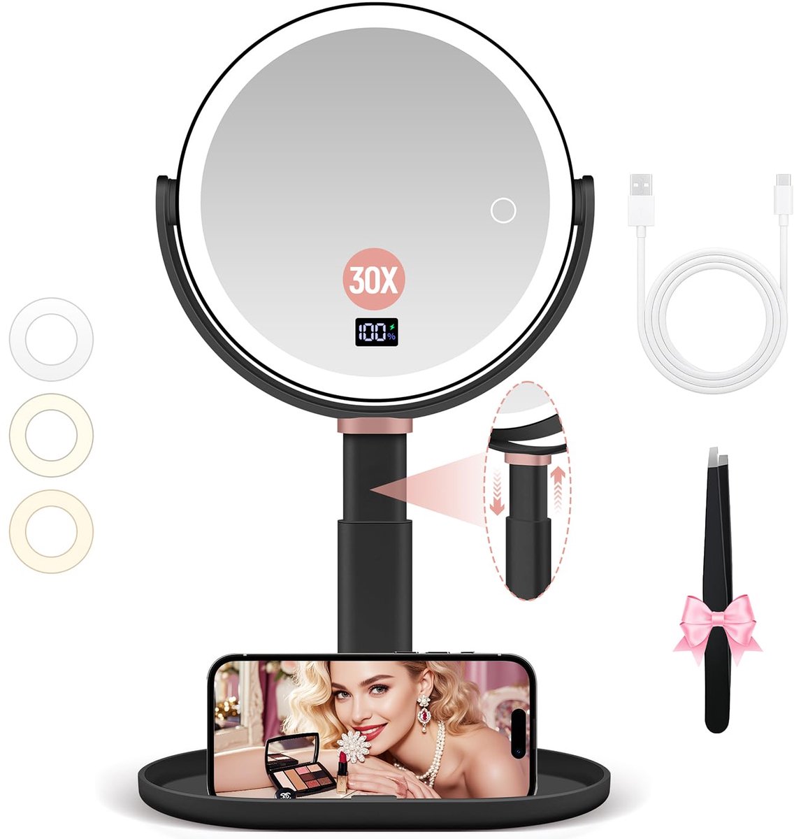 Make-up spiegel - Met verlichting en 30x vergroting, dubbelzijdig, driekleurige lichtmodus, instelbare helderheid en hoogte - Voor op reis Zwart