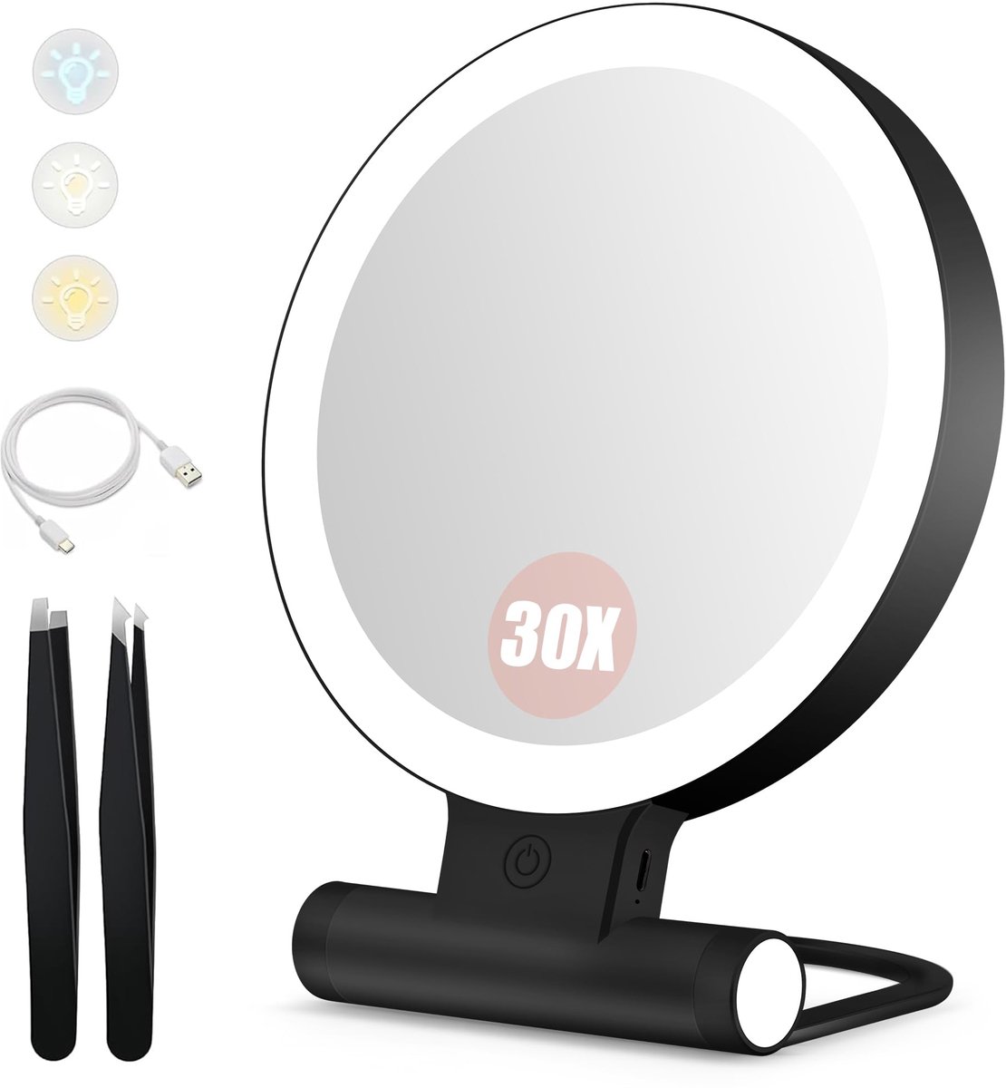 Make-up spiegel - Met verlichting - 30x/1x vergroting - Dimbaar - 3 lichtkleuren - Dubbelzijdig - Voor op tafel en op reis