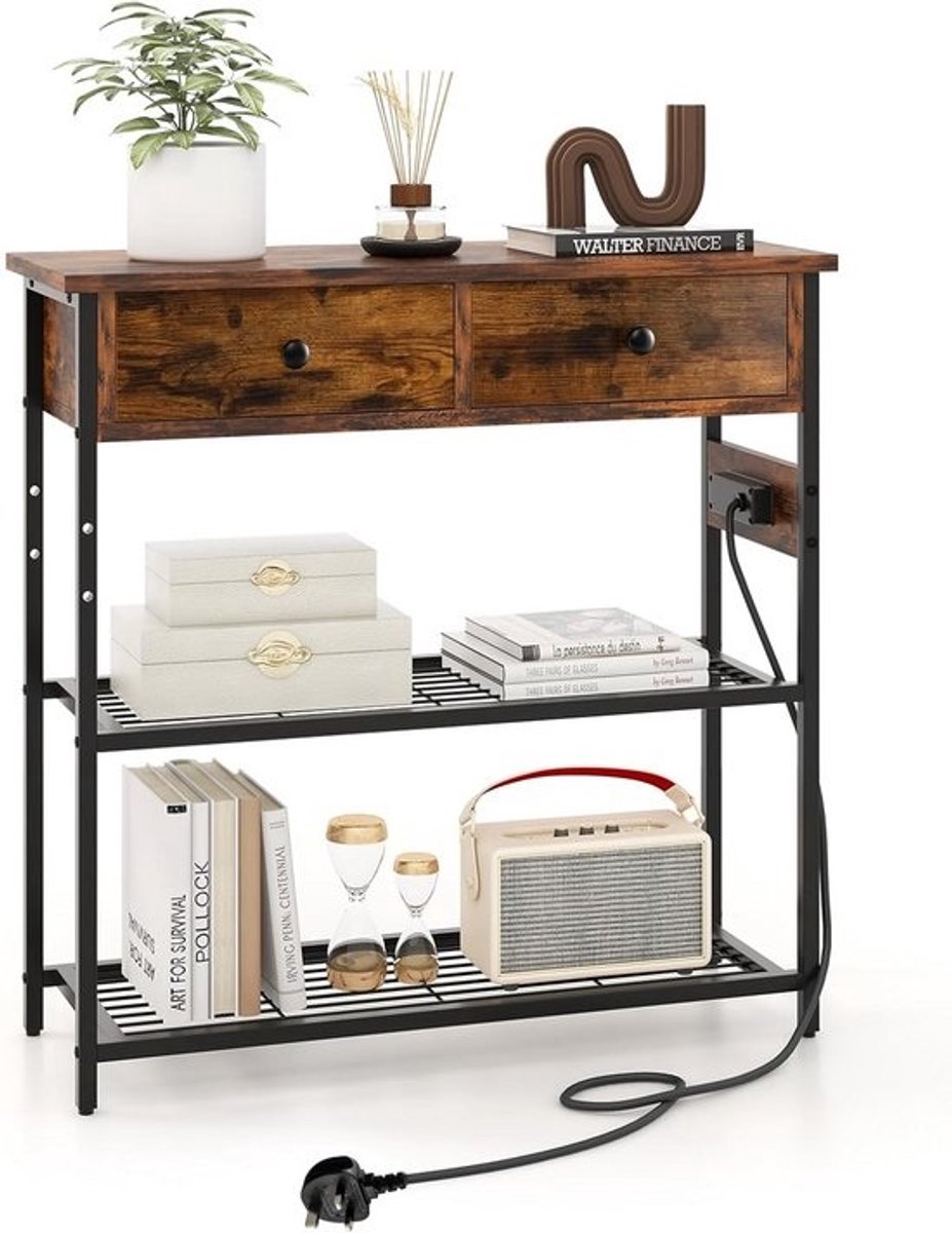 Consoletafel met 3 niveaus, laden en metalen planken, oplaadstation, smal, industriële stijl, 81 x 30 x 81 cm