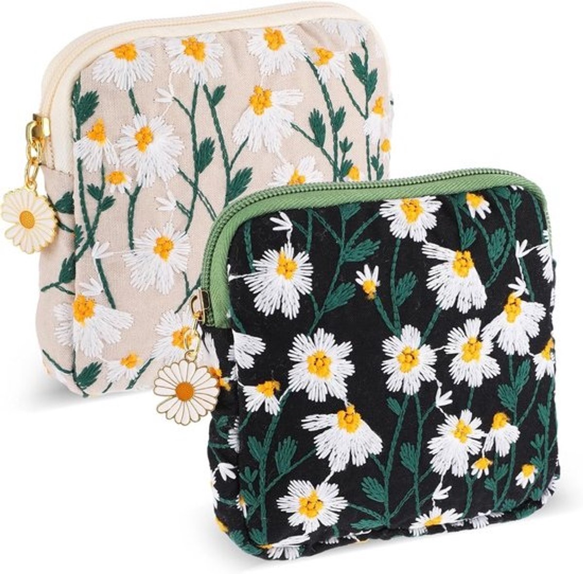 2 stuks tampon- en maandverband opbergzak met ritssluiting - borduurwerk design - katoenen tas voor damesproducten - handig en compact