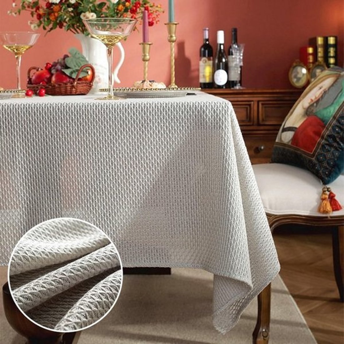 Extra Lang Rechthoekig Tafelkleed Katoen Linnen Beige Gebreid Raster Textuur - 137 x 375 cm