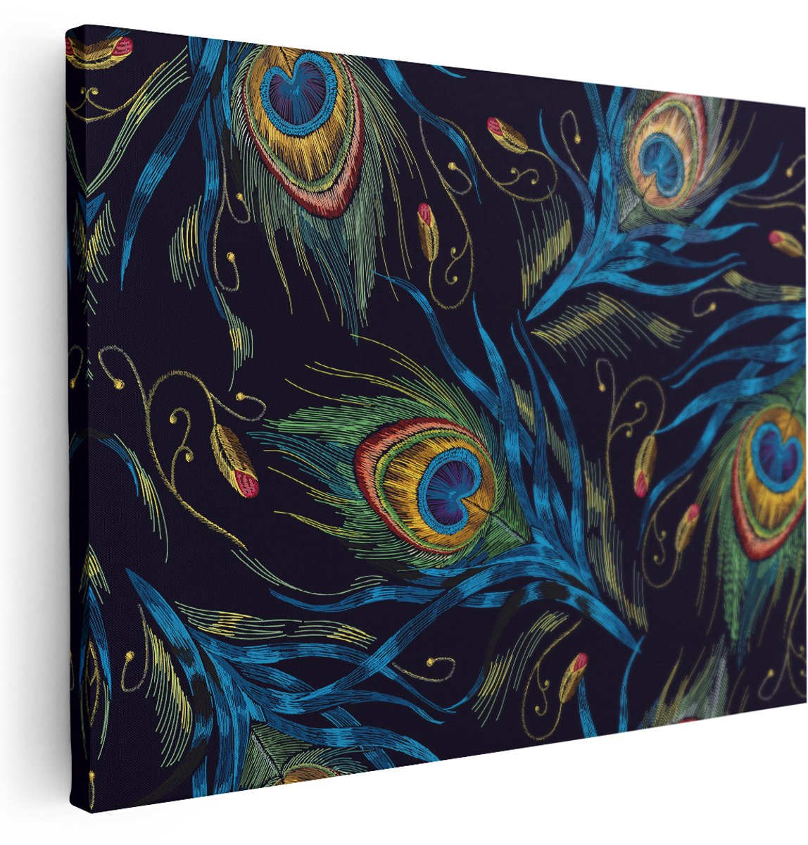 Artaza Canvas Schilderij Getekende Pauw Veren Achtergrond - 160x120 cm - Groot - Wanddecoratie Woonkamer - Schilderijen - Muurdecoratie
