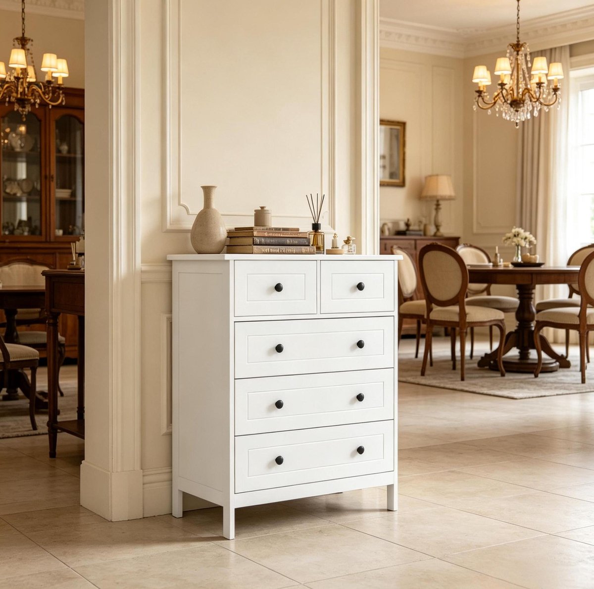 COVREO Ladekast 74 x 40 x 91 cm wit MDF en spaanplaat - 5 lades - opbergkast voor slaapkamer en hal
