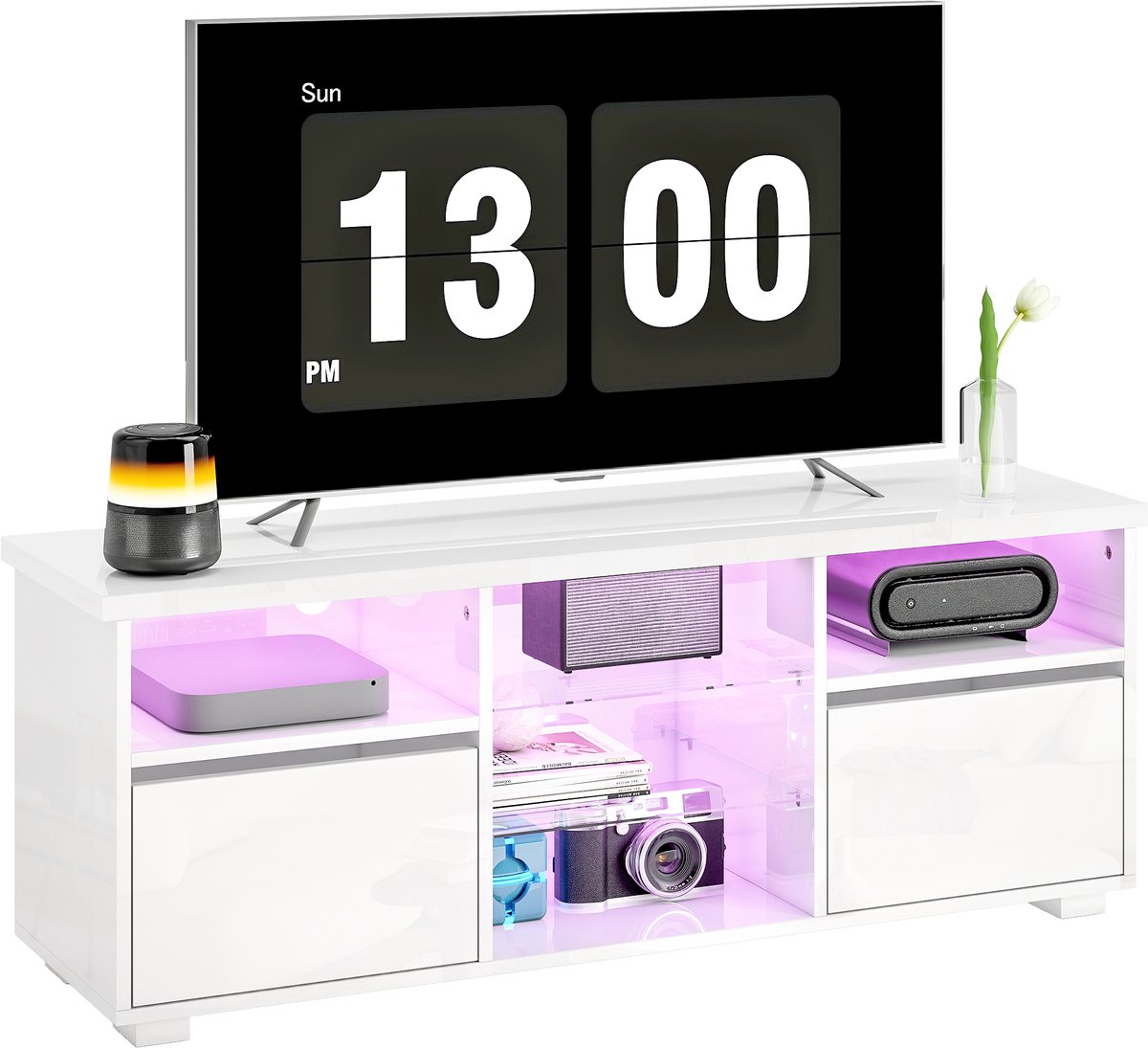 ECTEATOY® Tv-meubel - TV Kast met LED-verlichting en Afstandsbediening Hoogglans - 120 cm - Voor TV's tot 55 Inch - Glazen Planken - Wit