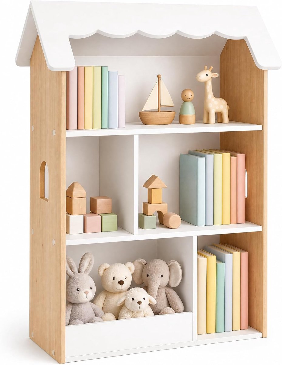 KOMFOTTEU Kinderboekenrek – Speelgoedkast in huisvorm – 70 x 33 x 92 cm