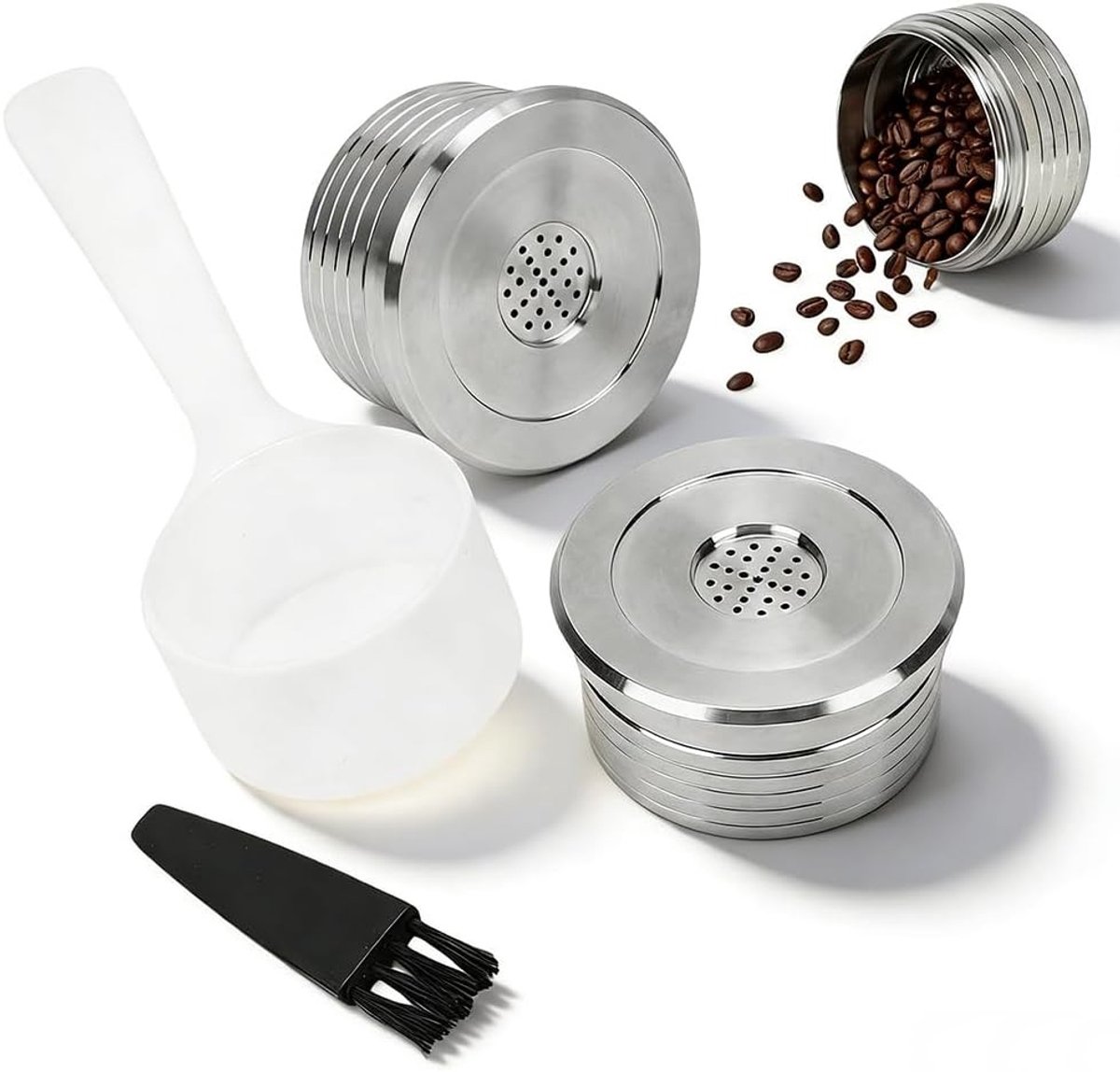 Herbruikbare koffiecapsule lepel en borstelset voor DELTA Q machines, roestvrij staal, perfect voor koffieliefhebbers en milieuvriendelijk gebruik