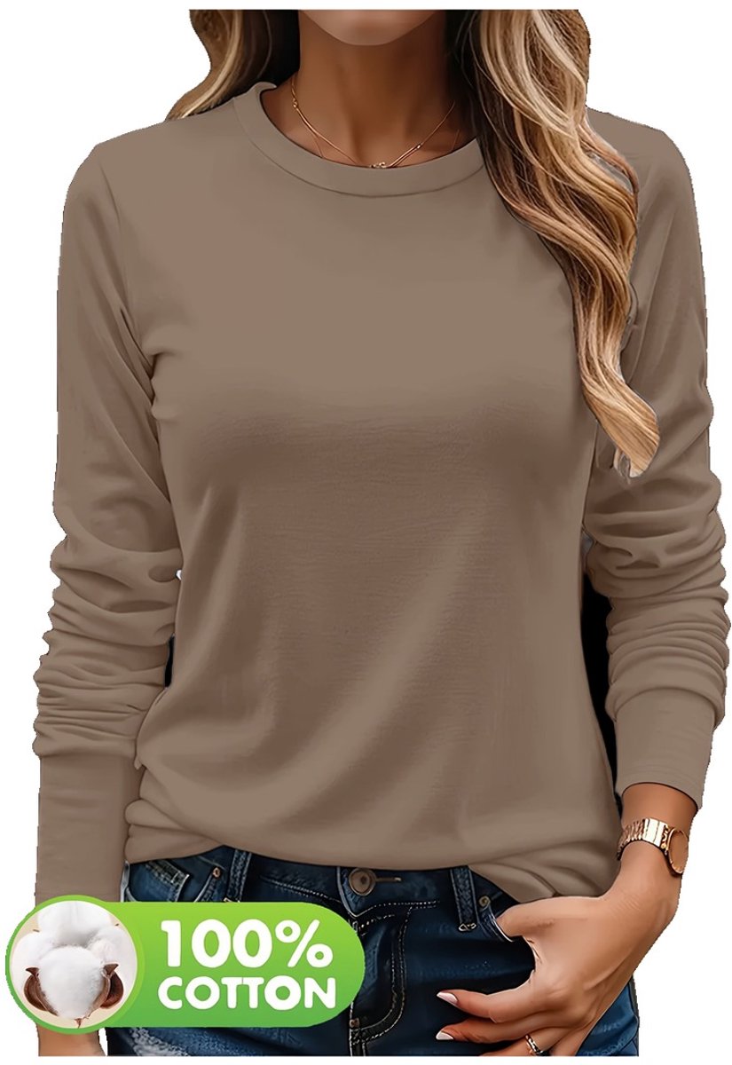 Currero Longsleeve Dames Oversized Lange Mouwen Shirt Roundneck Vrouwen Kleding T-Shirt Creme