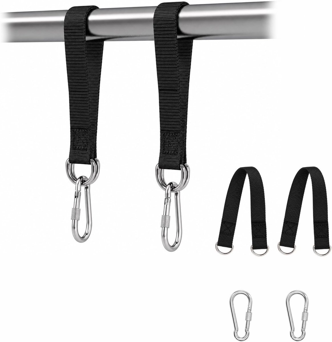 Schommelbevestiging met 2 karabijnhaken en 2 D-ringen voor hangmat en schommel, sterke nylon ophangset voor binnen en buiten, ideaal voor tuin en balkon, 2 stuks