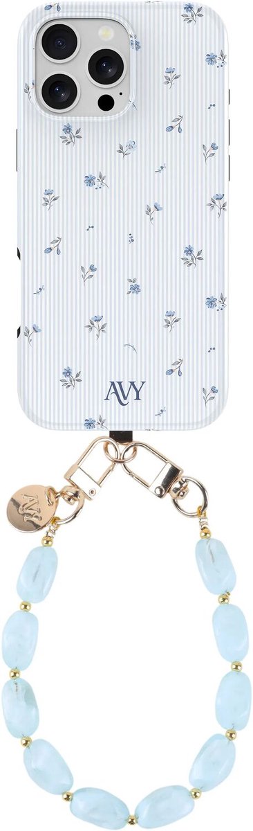 AVY Hoesje Met Telefoonkoord | Geschikt voor Apple iPhone 16 Pro | Compatibel met MagSafe & Qi2 | Hard Shell Back Cover | Stijlvol Bijpassend Koord Polsbandje (32CM) | Sky Blossom