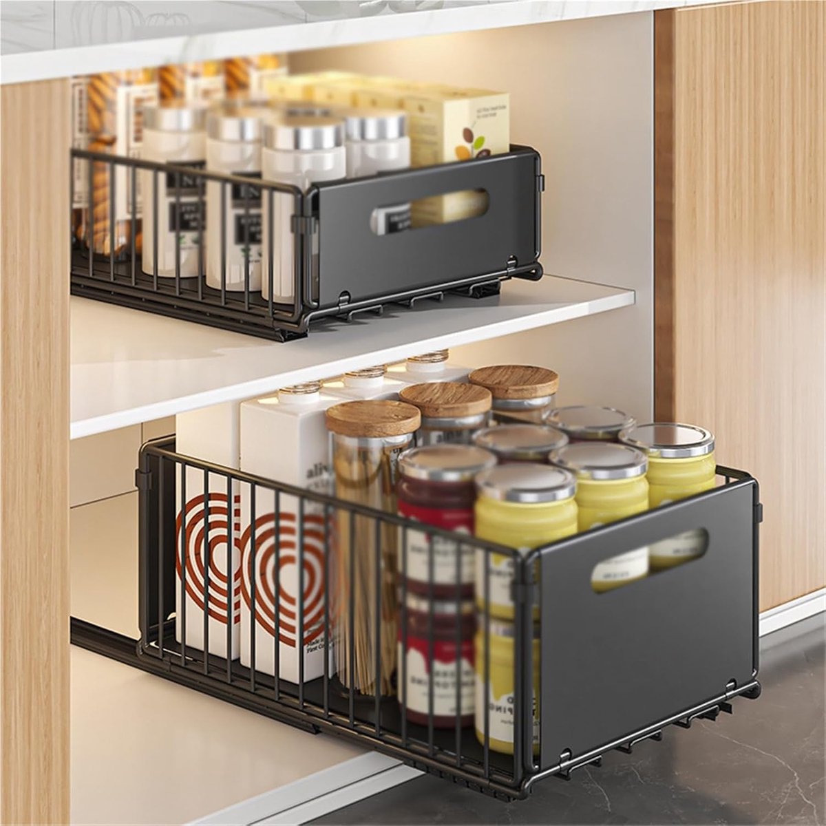 Uittrekbare Keukenkast Organizer 2 Stuks - Schuiflade Kastorganizer met Glijplanken - Onderkast Opbergrek voor Keuken en Badkamer - Zwart