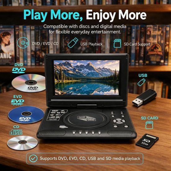 Draagbare DVD-speler 7,8 inch met Draaibaar HD-scherm, Oplaadbaar, 1 Stuk, Dubbele Luidsprekers, AV-uitgang, USB- en SD-kaartondersteuning, Ingebouwde Batterij, voor Auto, Reizen, Camping en Camper — afbeelding 2
