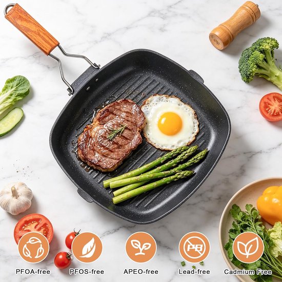 Inductie Grillpan - Steakpan Koekenpan - Vlees Grillen - Opklapbaar Handvat - 28 x 28 cm - Zwart — afbeelding 4