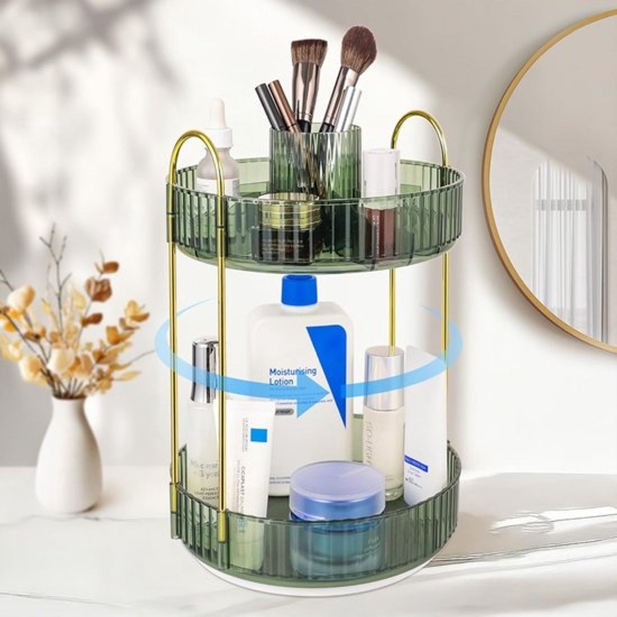 Draaibare Make-up Organizer 360° - 2-Laags Opbergstation voor Cosmetica - Donkergroen