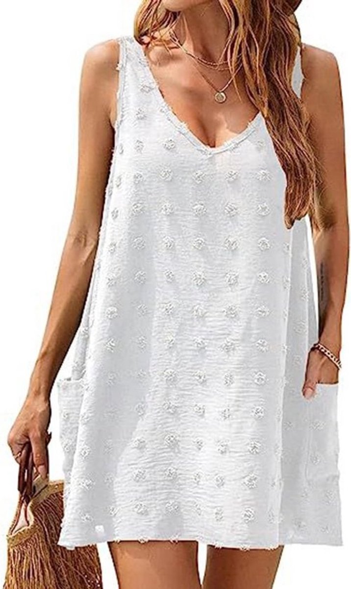 Zomerjurk Dames Mouwloos V-Hals Strandjurk Casual Strandkleding met Zakken