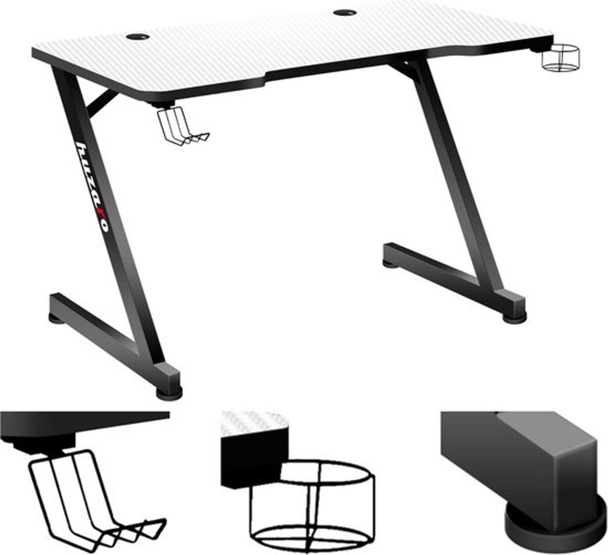 Gamingtafel 120x60 cm - Ergonomisch Bureau met Carbon Tafelblad, Hoofdtelefoonhouder en Bekerhouder - Wit