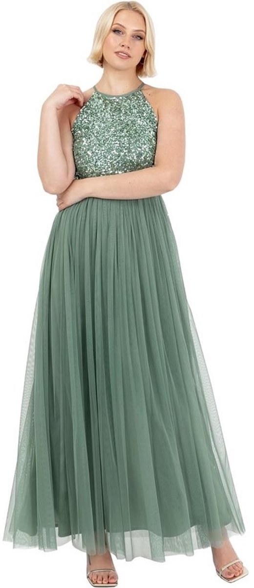 Maxi Bruidsmeisjesjurk met Glitter Lagenrok en Halterhals
