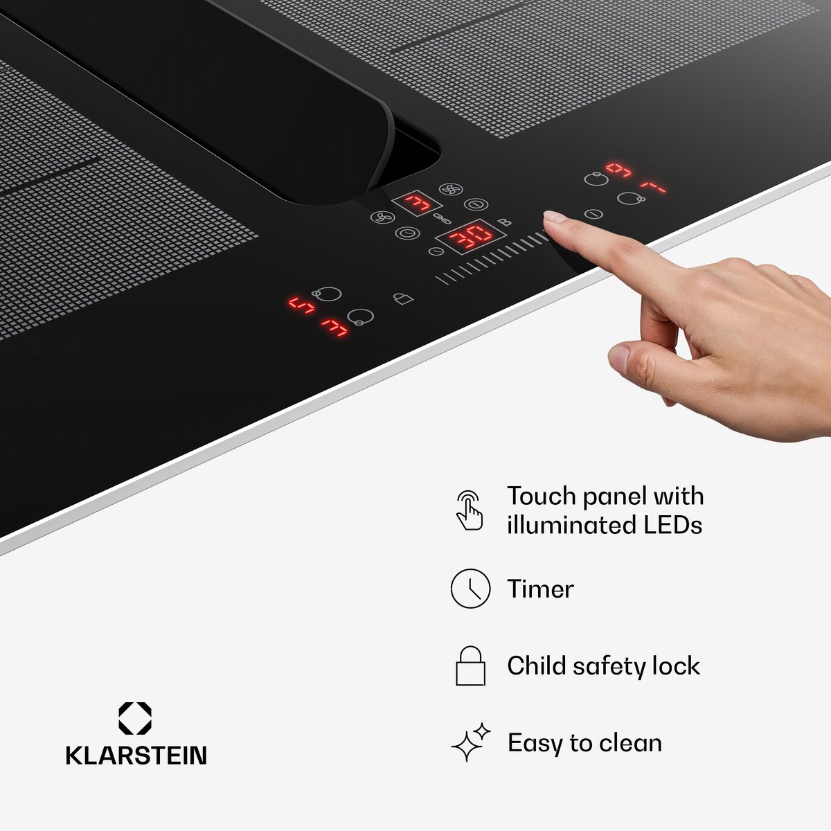 Klarstein ChefFusion inductiekookplaat met afzuiging en aluminium frame 60 cm – 4 kookzones, 7200 W, 504,3 m³/u, flexibele kookzones, recirculatie & afvoer