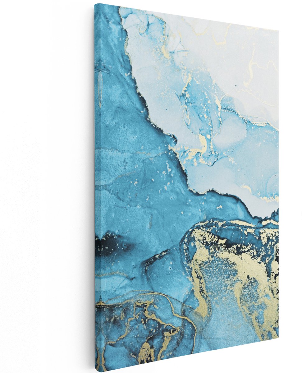 Artaza Canvas Schilderij Abstracte Kunst van Blauwe Marmer met Goud - 120x180 cm - Groot - Wanddecoratie Woonkamer - Schilderijen - Muurdecoratie