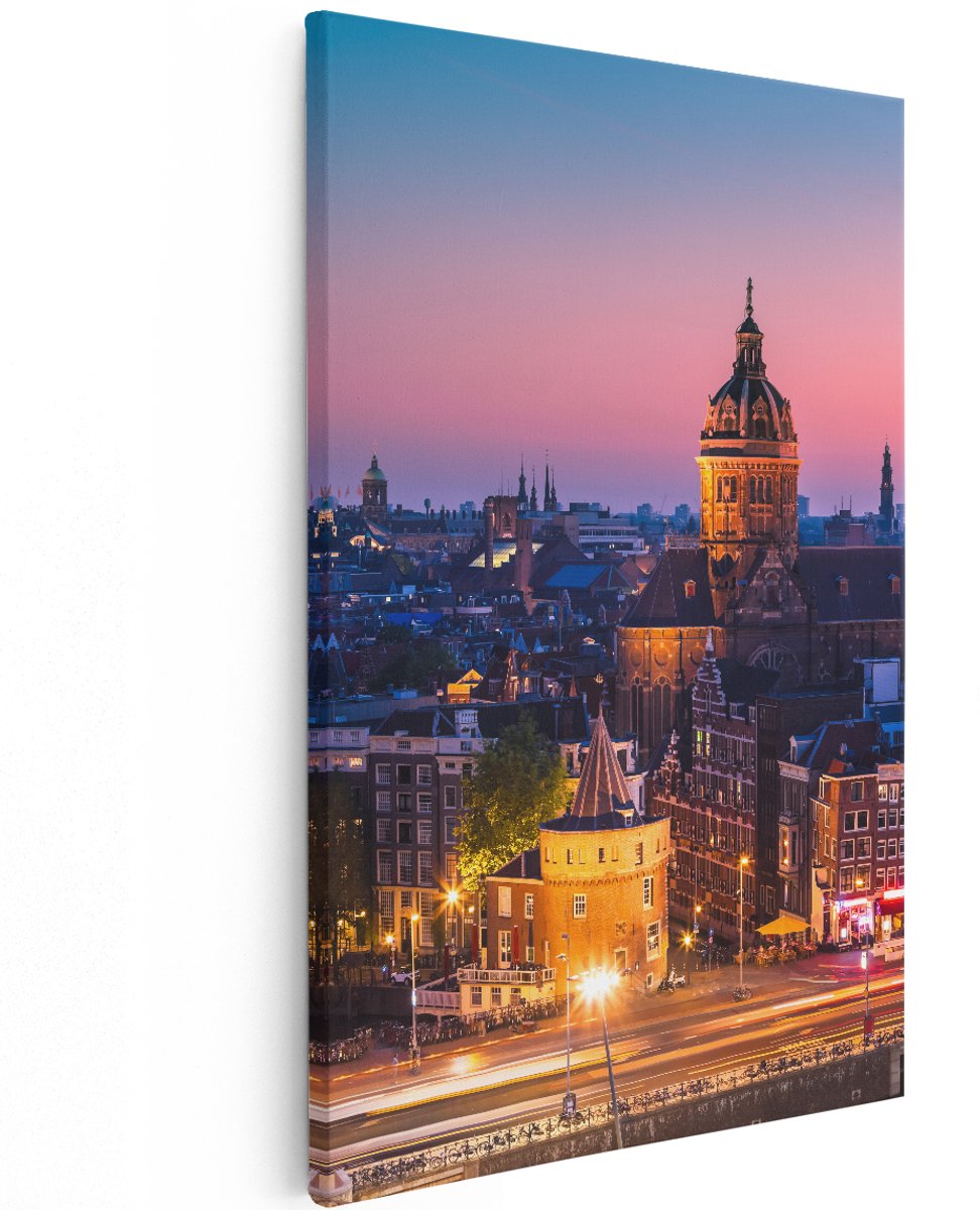 Artaza Canvas Schilderij Amsterdam Skyline Bij Zonsondergang - 120x180 cm - Groot - Wanddecoratie Woonkamer - Schilderijen - Muurdecoratie