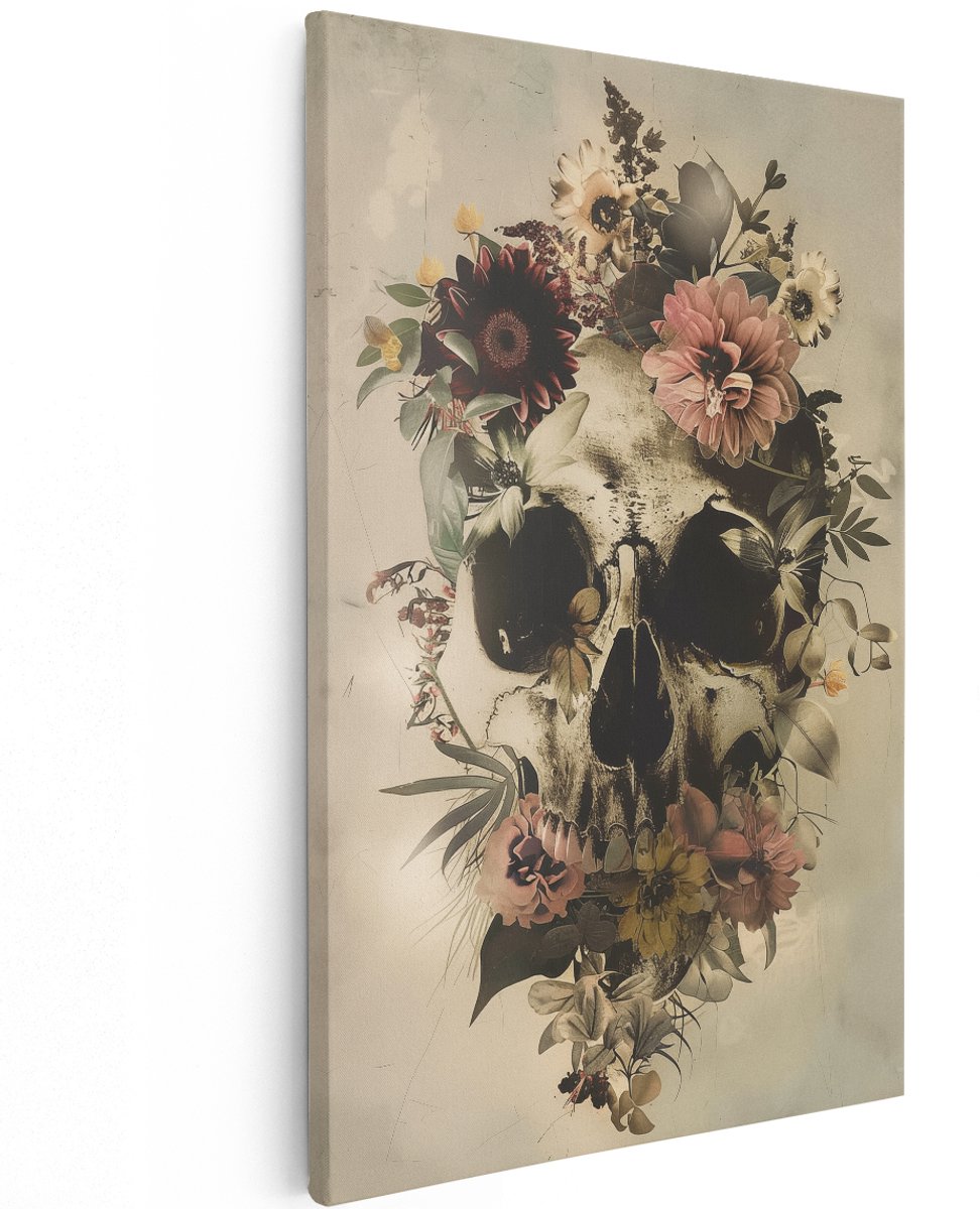 Artaza Canvas Schilderij Schedel met Bloemen - Bloemen - 120x180 cm - Groot - Wanddecoratie Woonkamer - Schilderijen - Muurdecoratie