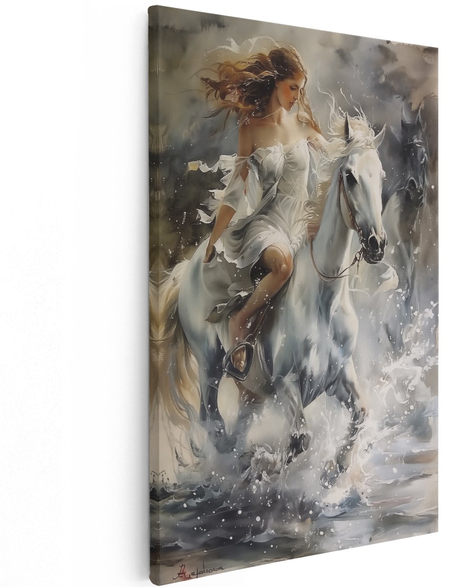 Artaza Canvas Schilderij Vrouw op een Paard in het Water - Dieren - 120x180 cm - Groot - Wanddecoratie Woonkamer - Schilderijen - Muurdecoratie