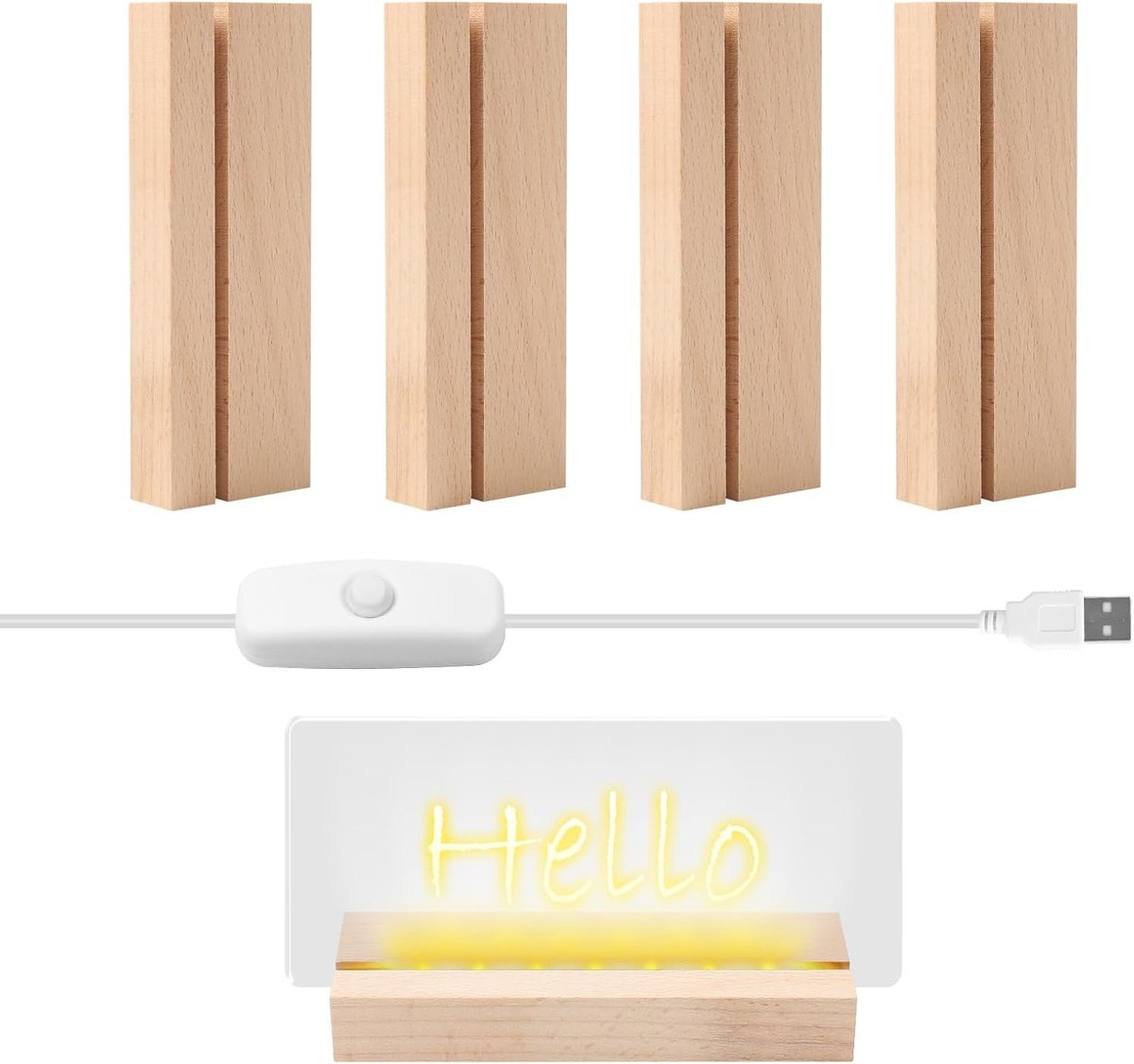 LED Lampen Display Basis - 4 Stuks USB Houten Verlichting, Warm Geel, Ideaal voor Acryl Plaat en DIY Projecten