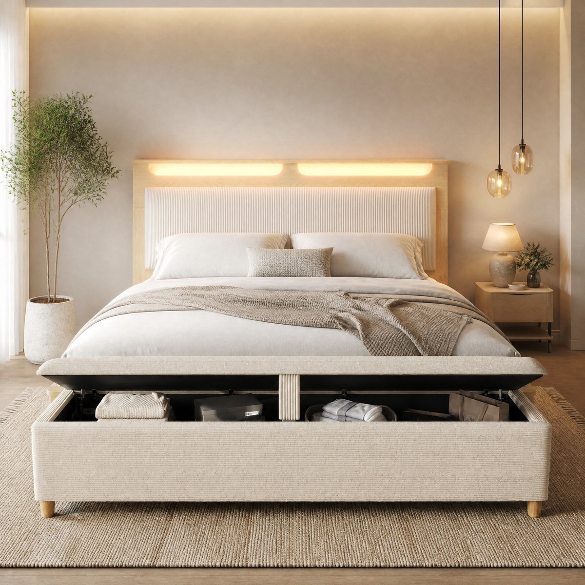 REDOM - Dubbelbed met bedbank - Hoofdbord met opbergruimte en LED-verlichting - Cordstof bekleding - Moderne stijl - Slaapkamer - Hout MDF spaanplaat - Beige - 140 x 200 cm