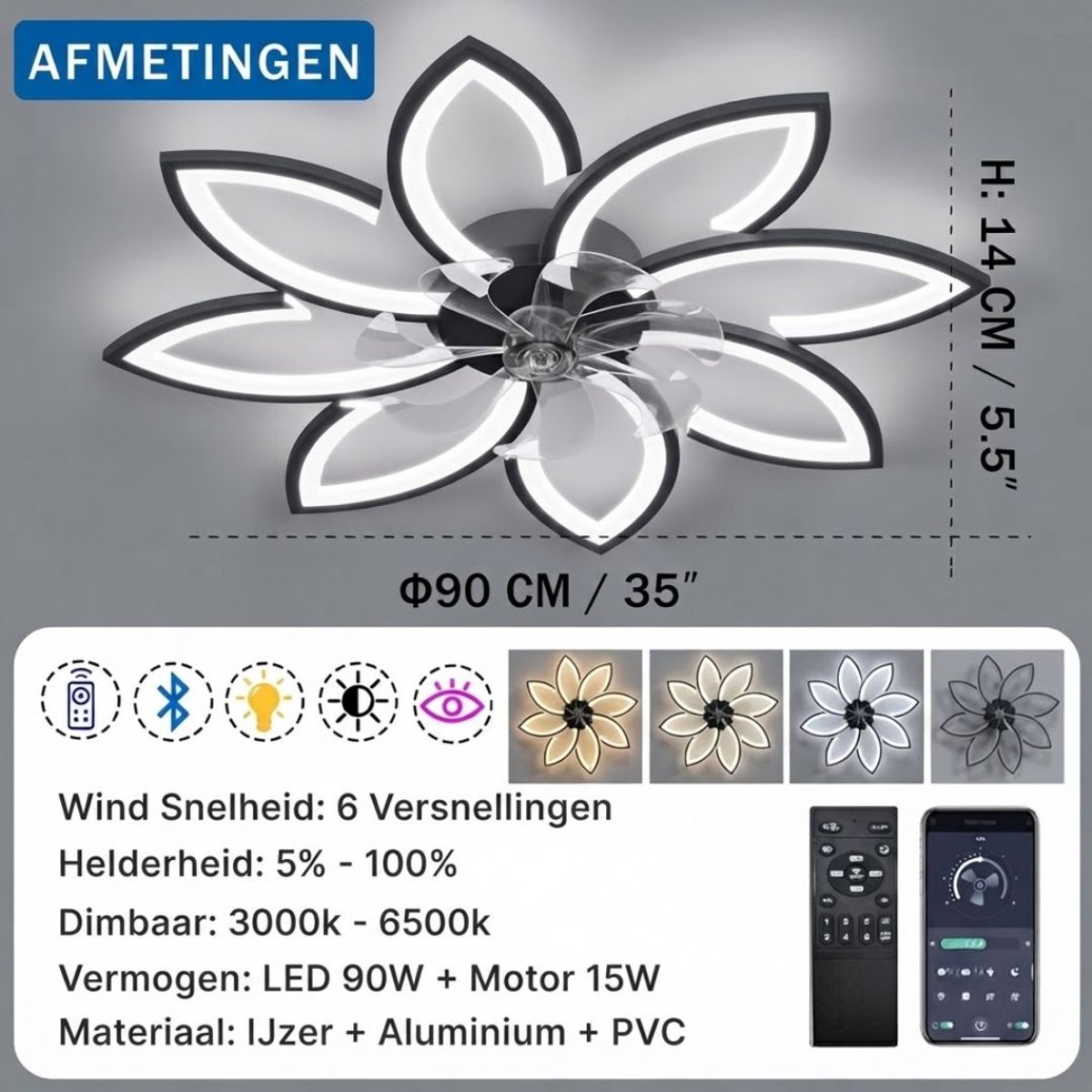 LNM® Ventilator Plafond - Ventilator - Ventilator Staand Afstandsbediening - Zwart - 78cm x 78cm x 14cm – foto 7