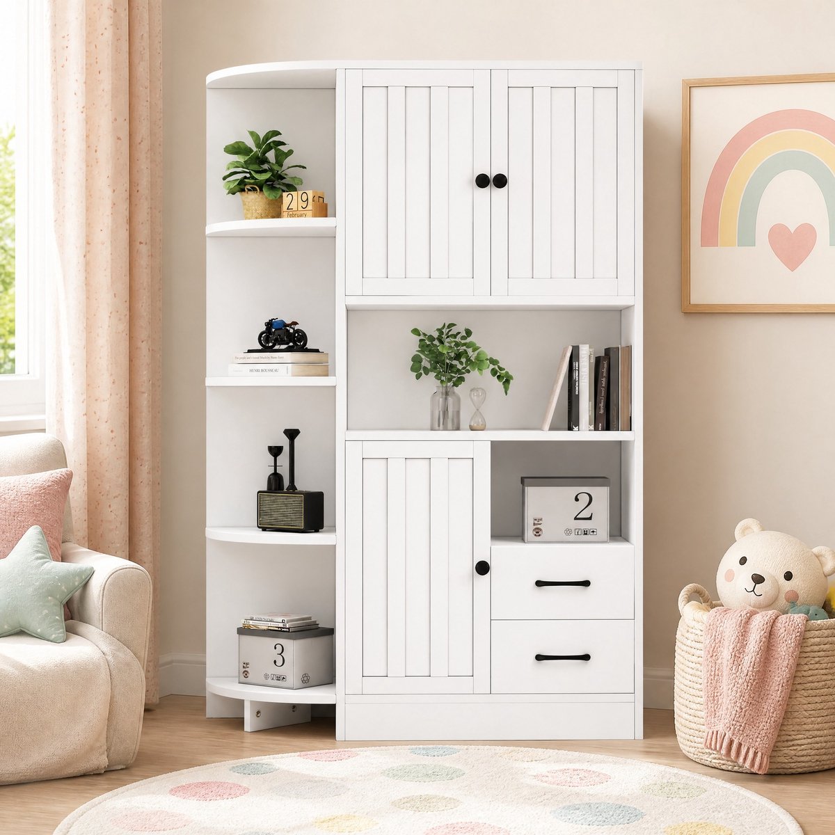 REDOM - Hoekkast - 3 deuren en 2 lades - Open vakken met verstelbare planken - Vitrinekast en boekenkast - Woonkamer - Spaanplaat - Wit - 104 x 35 x 155 cm