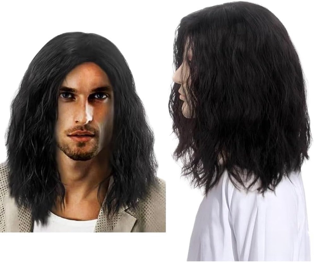 Lang Zwart Kapsel voor Mannen - Middellange Krullende Haarwig voor 70s en 80s Kostuum, Feest en Halloween