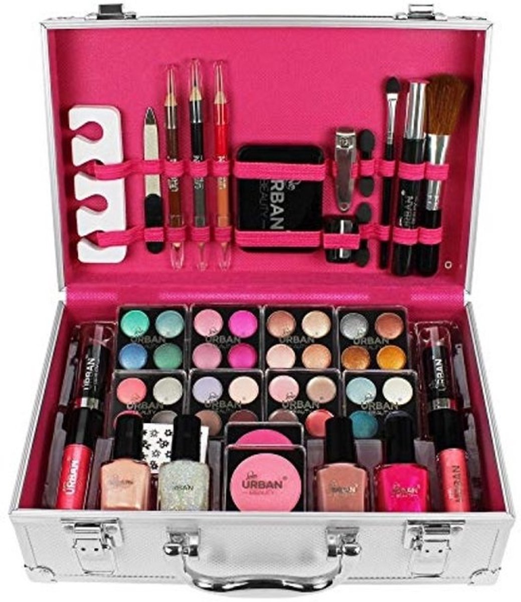 60-delige Make-up en Nagelset voor Tieners – Oogverblindende Make-upkoffer met 8 Oogschaduwpaletten, Blushers, Lipproducten en Nagellak – Compacte, Lichtgewicht Zilveren Koffer – Reisset