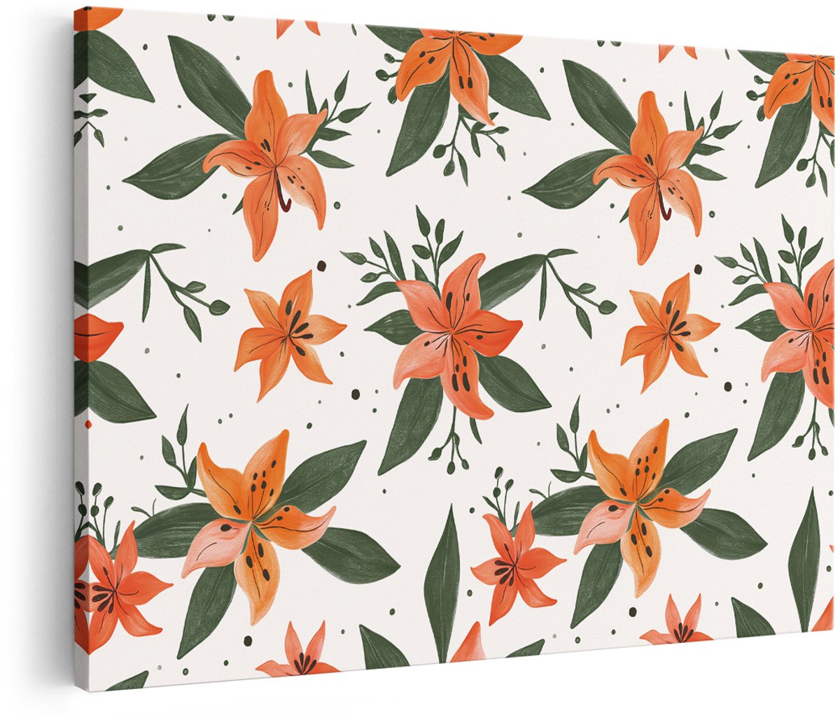 Artaza Canvas Schilderij Bloemen - 180x120 cm - Groot - Wanddecoratie Lelies - Muurdecoratie Bloemen Patroon - Schilderijen Op Canvas - Oranje
