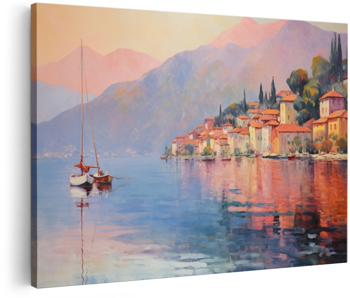 Artaza Canvas Schilderij Italiaans Dorp - 180x120 cm - Groot - Wanddecoratie Comomeer - Muurdecoratie Zonsondergang - Decoratie Zeilboten Bergen