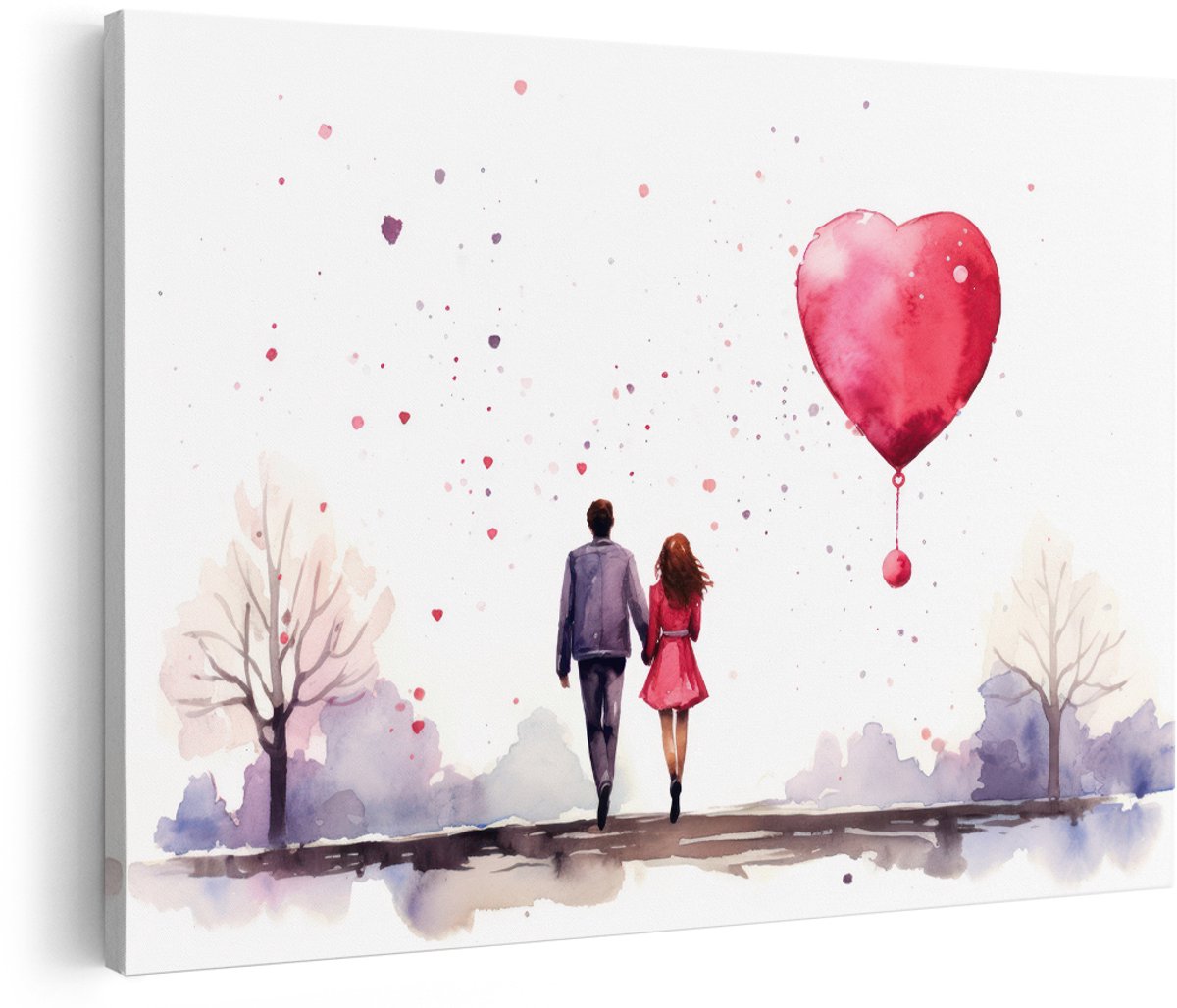 Artaza Canvas Schilderij Romantisch Stel - 180x120 cm - Groot - Wanddecoratie Hart Ballon - Muurdecoratie Liefde - Decoratie Slaapkamer Waterverf