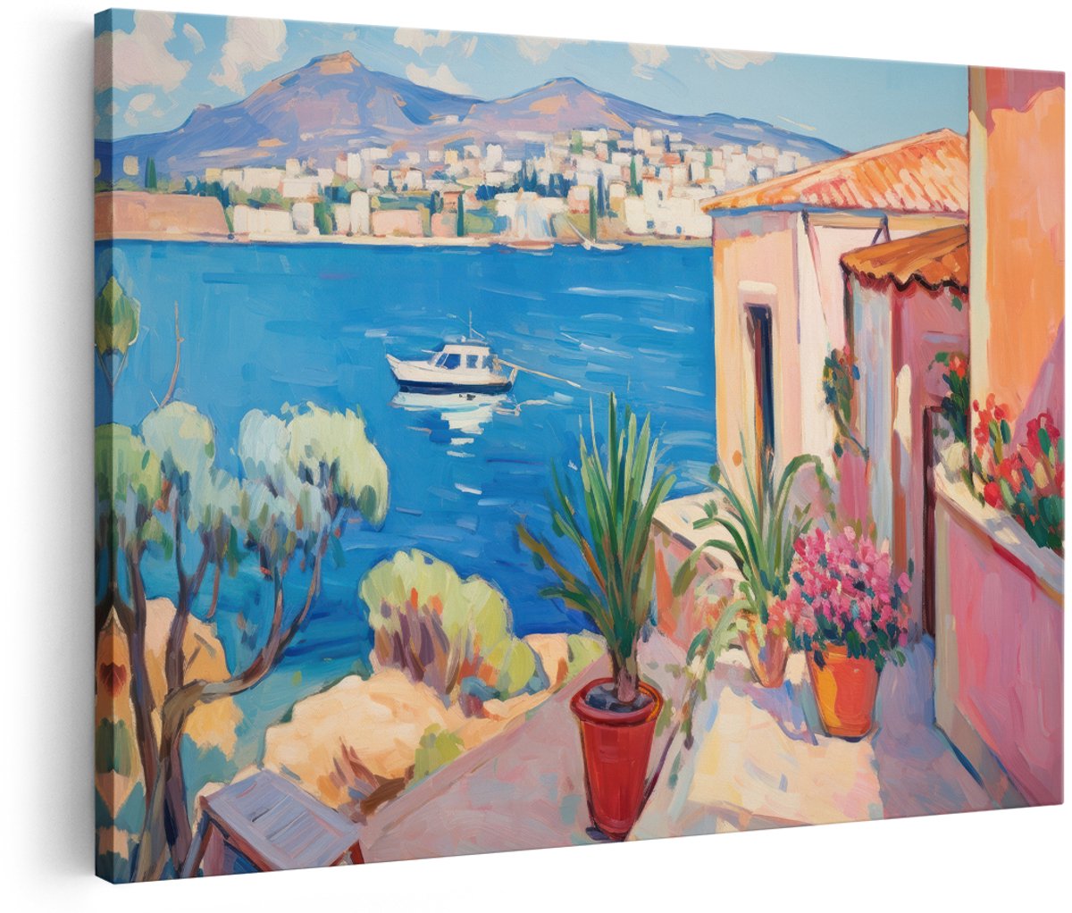 Artaza Canvas Schilderij Mediterraan Landschap - 180x120 cm - Groot - Wanddecoratie Zee - Muurdecoratie Griekenland - Decoratie Boot Terras