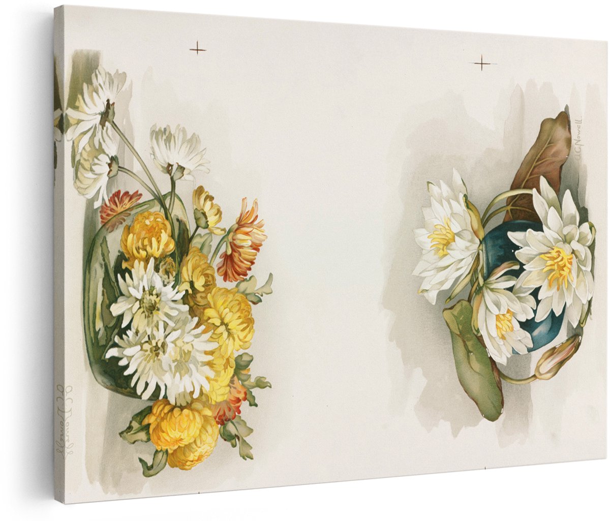 Artaza Canvas Schilderij Bloemen - 180x120 cm - Groot - Wanddecoratie Stilleven - Muurdecoratie Vintage - Decoratie Chrysanten Waterlelies - Wit