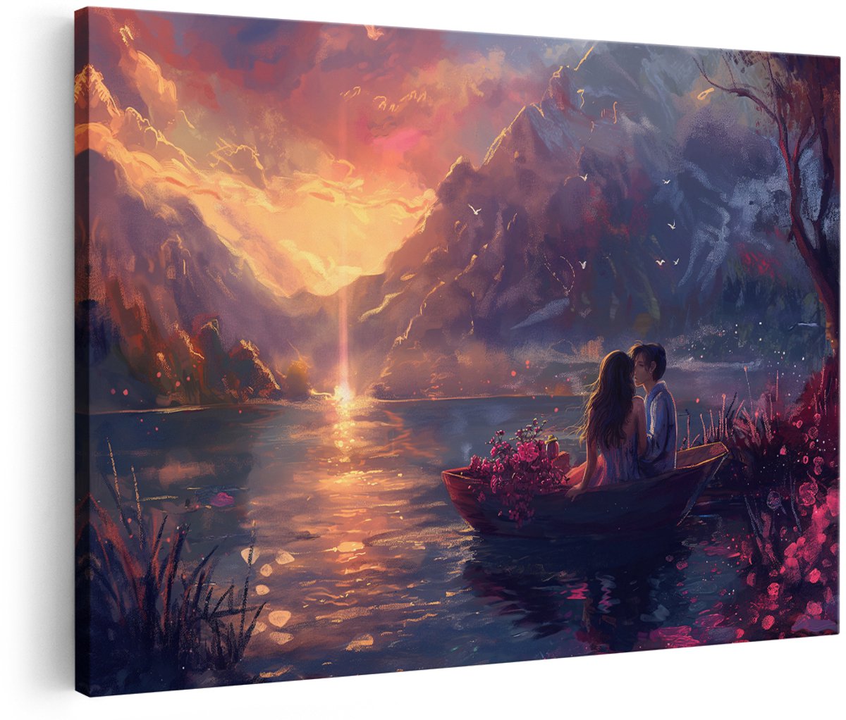 Artaza Canvas Schilderij Romantisch Stel - 180x120 cm - Groot - Wanddecoratie Zonsondergang - Muurdecoratie Bergen - Decoratie Bloemen Boot