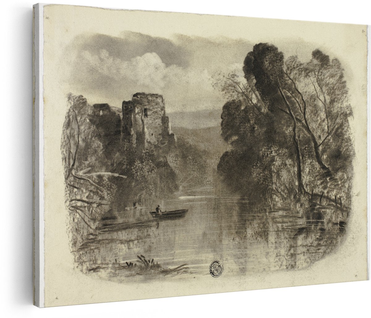 Artaza Canvas Schilderij Landschap - 180x120 cm - Groot - Wanddecoratie Vintage Rivier - Muurdecoratie Ruïne - Decoratie Roeiboot Bos