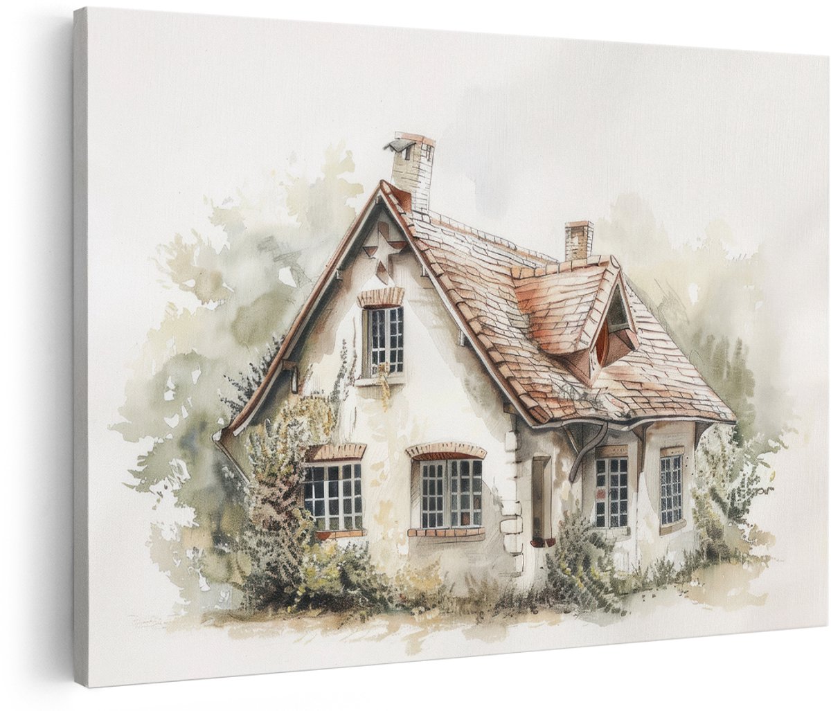 Artaza Canvas Schilderij Landelijk Huisje - 180x120 cm - Groot - Wanddecoratie Aquarel - Muurdecoratie Rustiek Landschap - Schilderijen Op Canvas Woonkamer