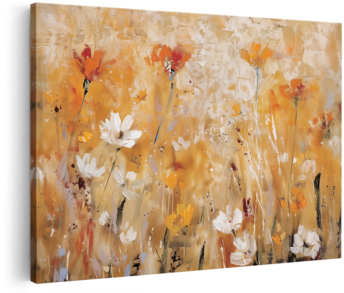 Artaza Canvas Schilderij Abstract Kunstwerk van Oranje en Witte Bloemen - Bloemen - 180x120 cm - Groot - Wanddecoratie Woonkamer - Schilderijen - Muurdecoratie
