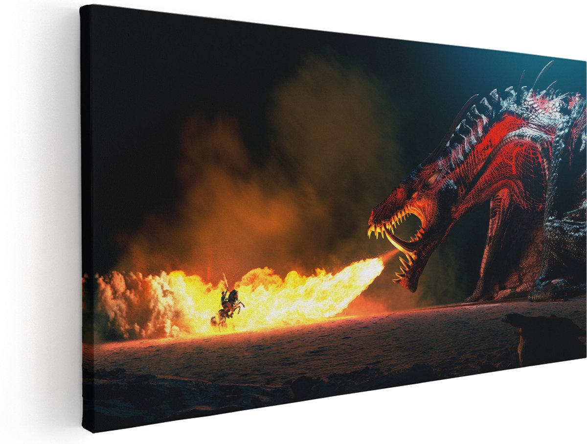 Artaza Canvas Schilderij Draak Spuwt Vuur op een Paard en Knecht - 180x90 cm - Groot - Wanddecoratie Woonkamer - Schilderijen - Muurdecoratie